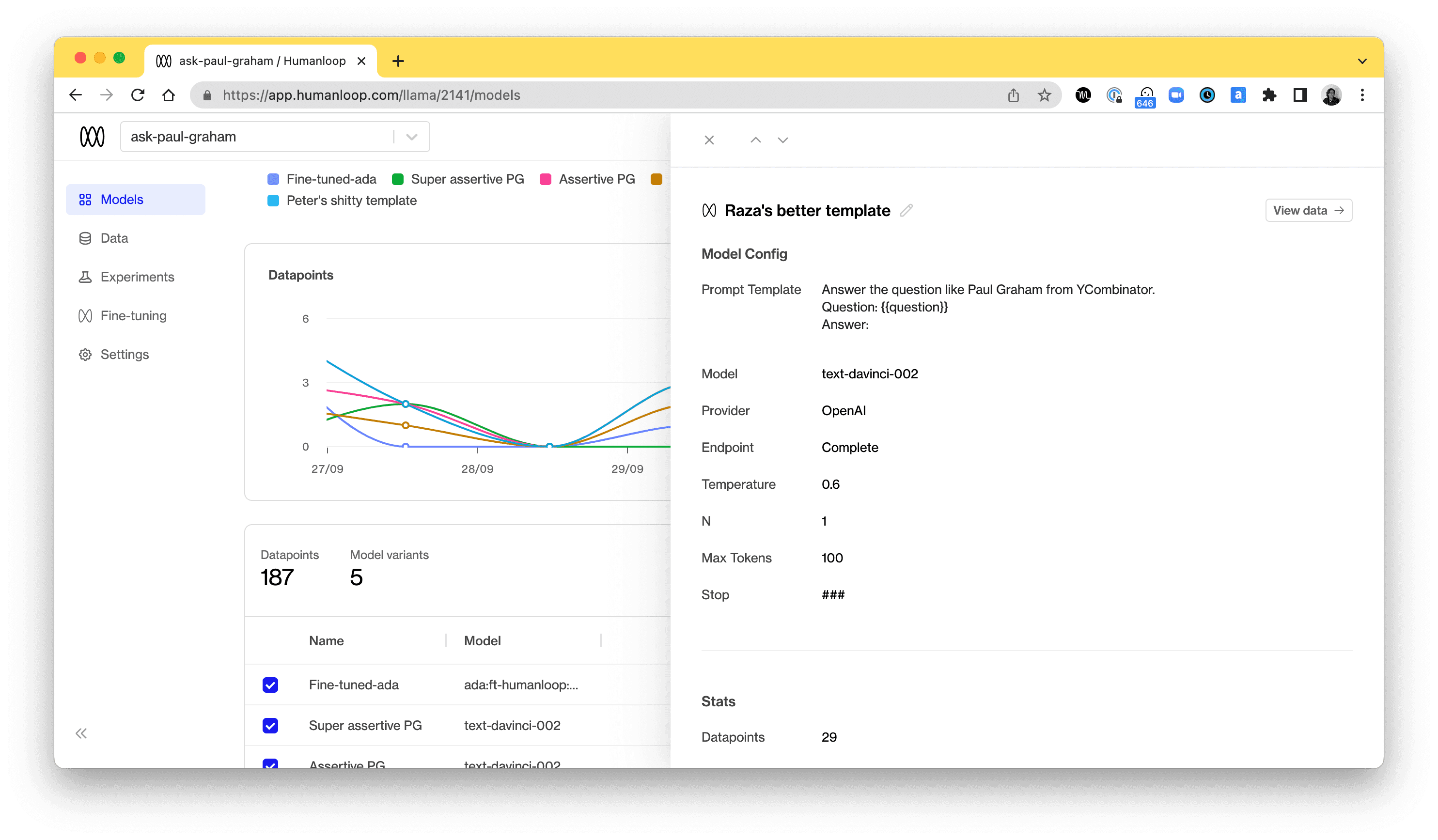 Screenshot of Humanloop dashboard